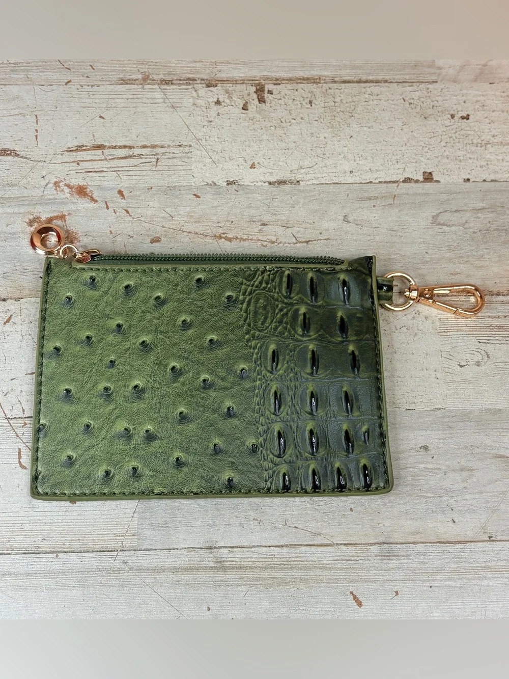Purse Coin Card Holder Green Faux Crocodile Leather Gold Clip Zipper